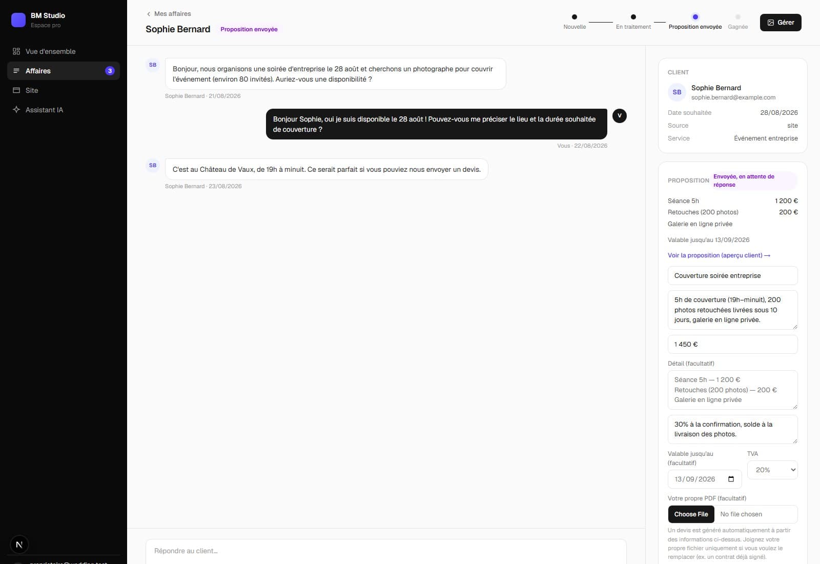Discussion client, devis chiffré, signature — au même endroit